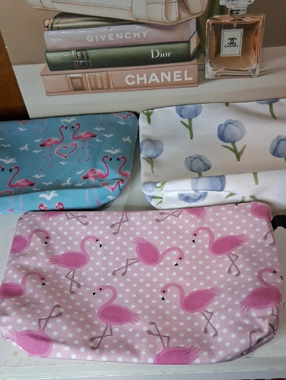 Set of 3 Floral & Flamingo Cosmetic Pouches - Pink, Teal, White - Picture 2 of 5